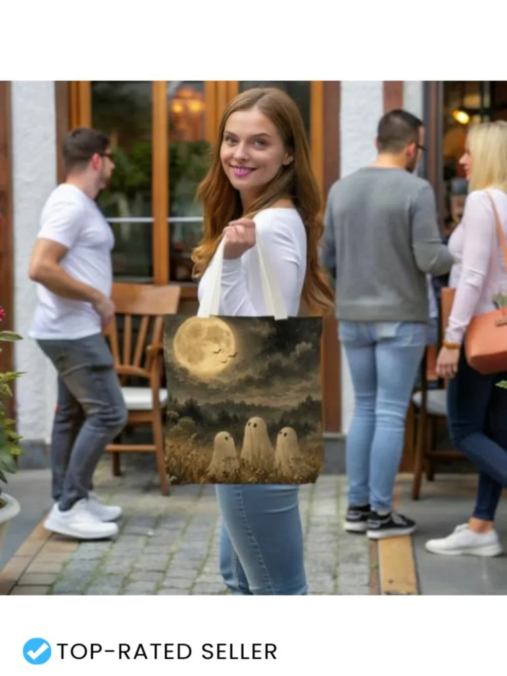 Dark Cottagecore Halloween Ghost Print Tote Bag with Handles